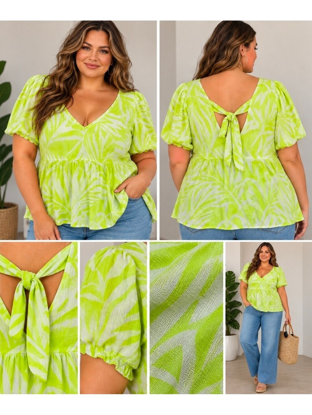 Torrid 3X Shaded Palms Green Crinkle Gauze Puff Sleeve Tie Back Blouse NWT